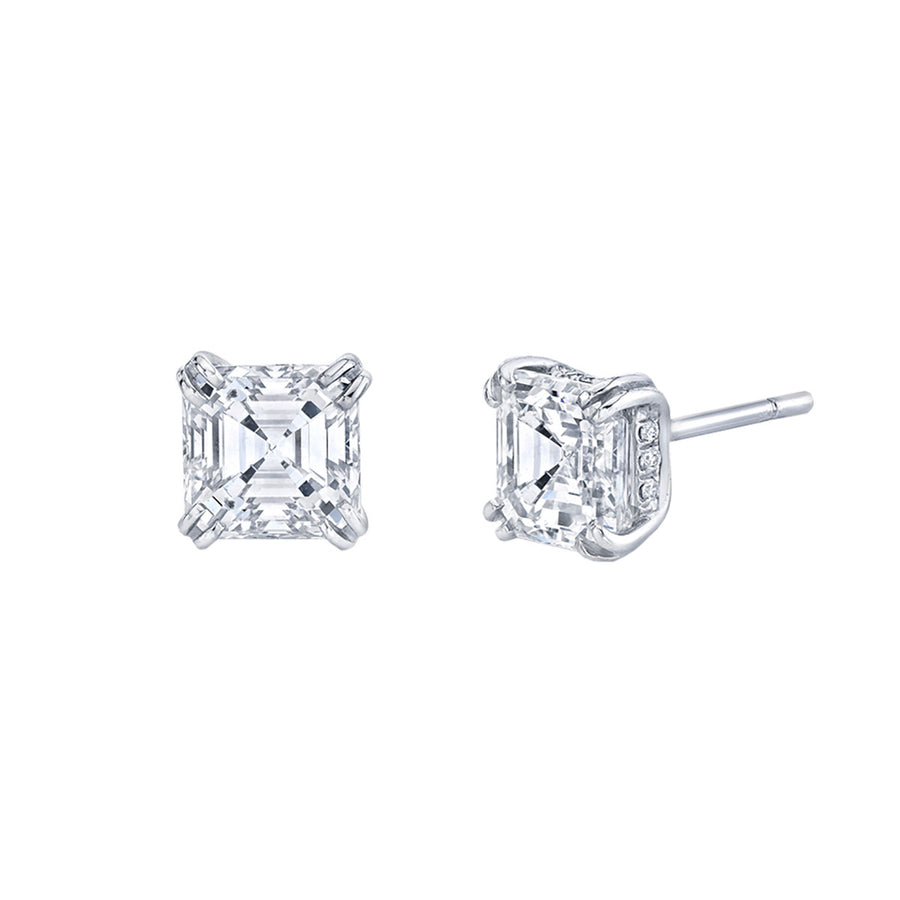 Hearts & Arrows 3.00ct Asscher Cut Diamonds and 0.08ct Round Diamonds Stud Earrings in Platinum