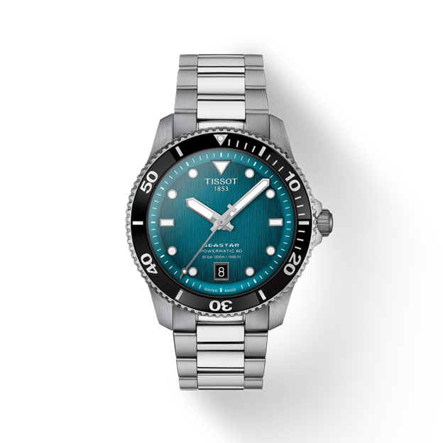 40mm Seastar Powermatic 80 Watch with Graded Turquoise-Black Dial in Stainless Steel, Bracelet
