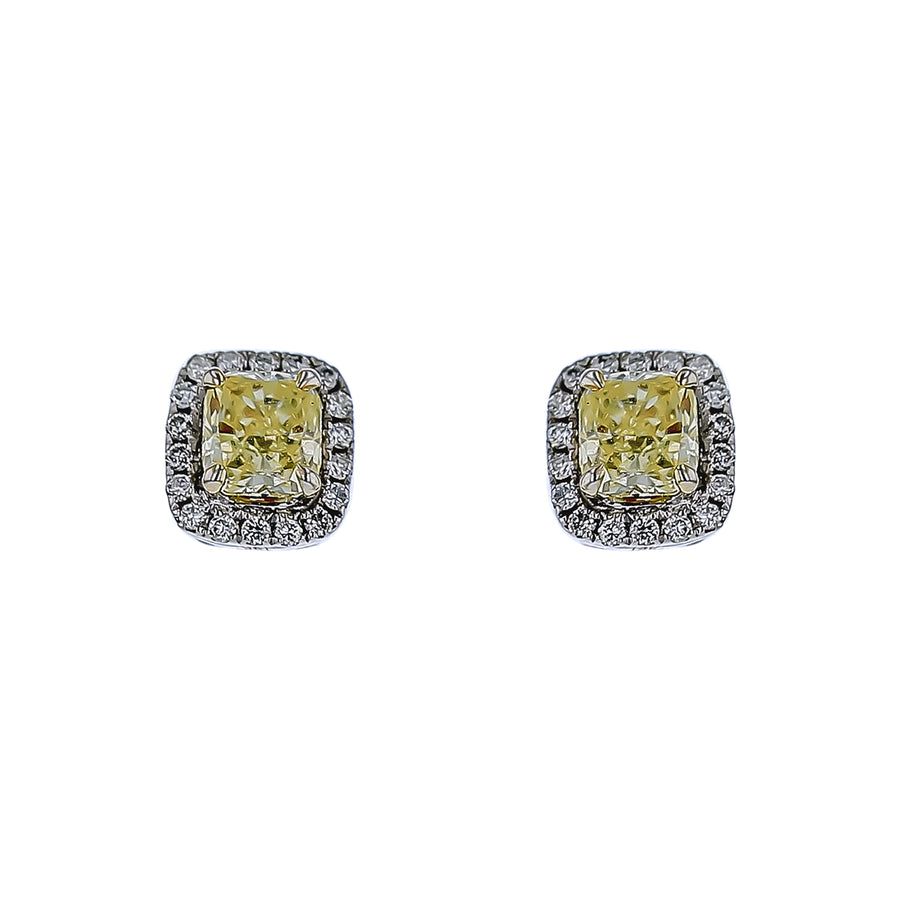 1.02ct Yellow Princess Cut Diamond and 0.25ct Diamond Halo Earrings in 18K White Gold