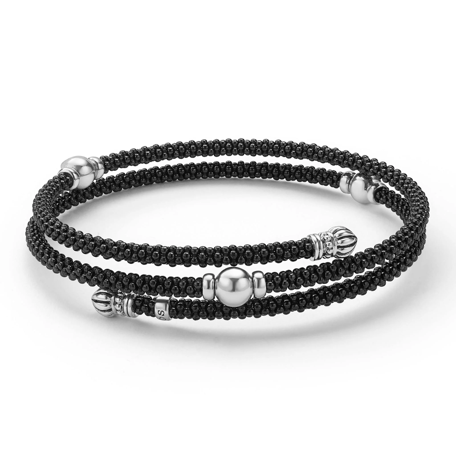 Black Caviar 3mm Beaded Stationed Double Wrap Bracelet in Sterling Silver and Ceramic, size 7