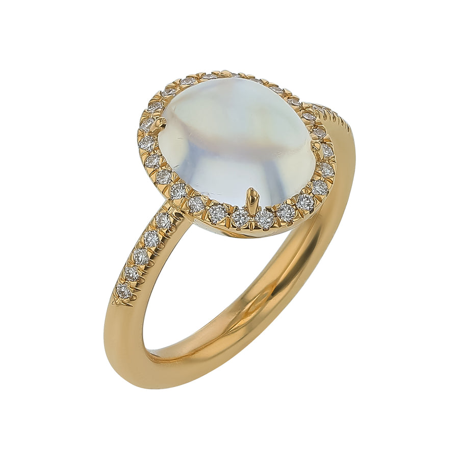 3.75ct Moonstone and 0.26ct Diamond Halo Ring in 18K Yellow Gold, Size 7