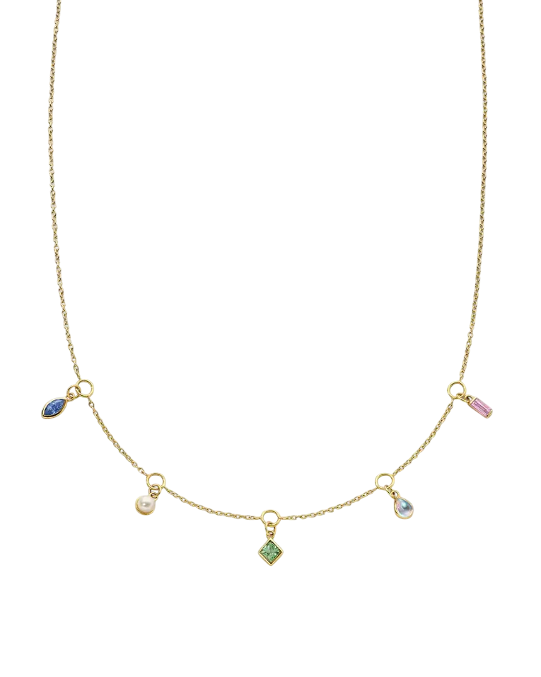 Points of Light Blue Sapphire, Pearl, Tourmaline and Moonstone Station Necklace in 18K Yellow Gold, 16"