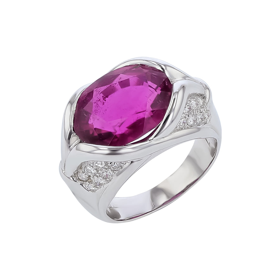 Vintage 7.30ct Oval Pink Tourmaline and 0.54ct Diamond Ring in 18K White Gold Circa 1980s, size 7