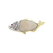 18K Yellow Gold Opal, Diamond and Ruby Fish Pin