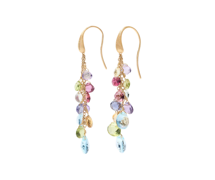 Paradise Amethyst and Mixed Gemstone Hand Engraved Double Strand Drop Earring in 18K Yellow Gold