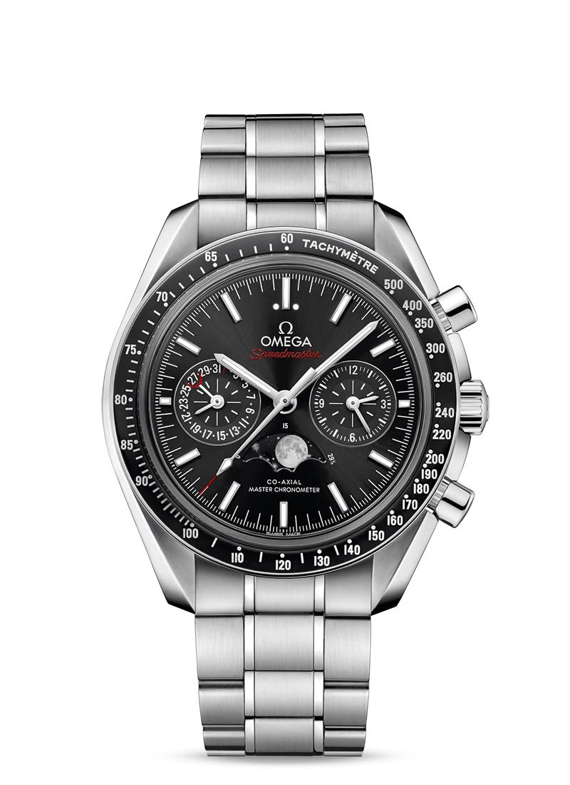44.25mm Speedmaster Moonphase Watch with Black Dial in Stainless Steel, Bracelet