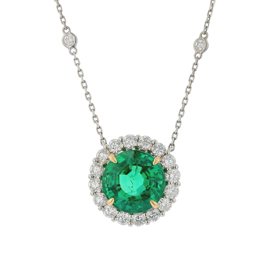 8.49ct Round Emerald and 1.76ct Diamond Halo Necklace in 18K White Gold, 18"