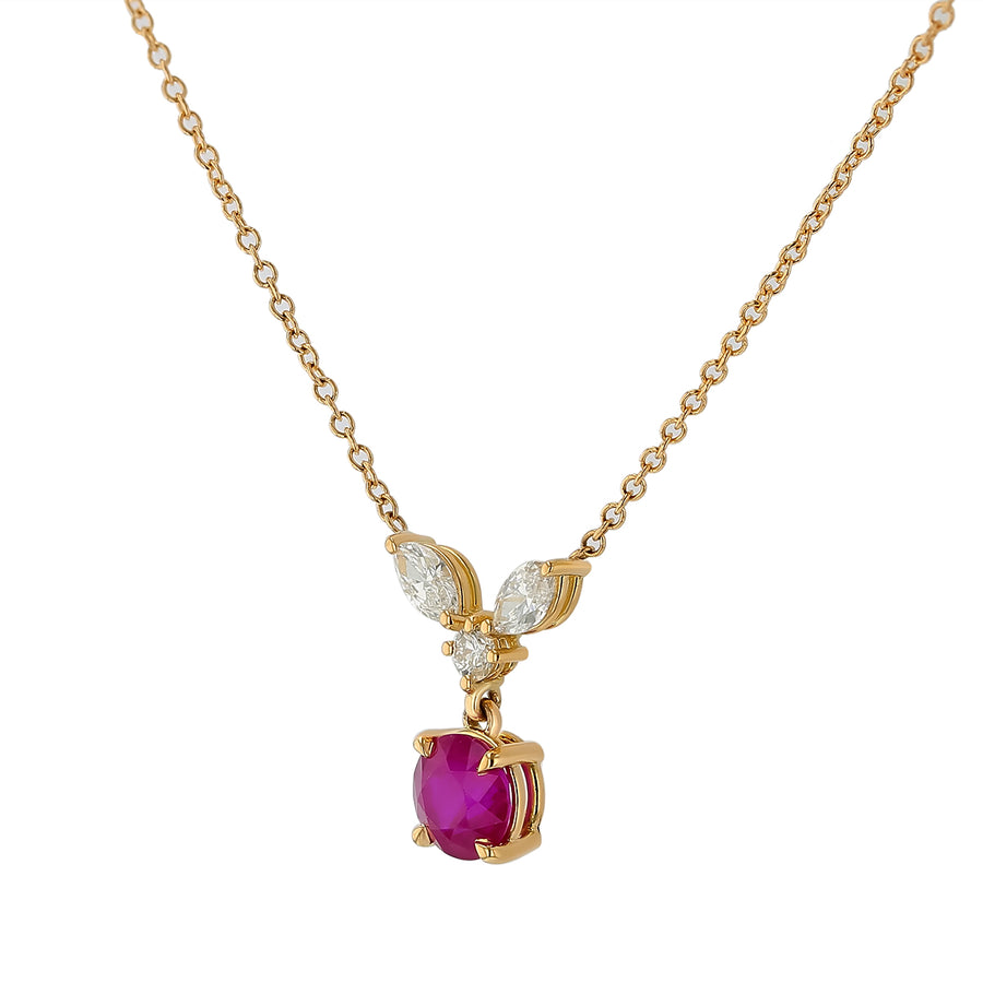 1.16ct Round Burma Ruby and 0.38ct Diamond G/VS1 Necklace in 18K Yellow Gold, 18"