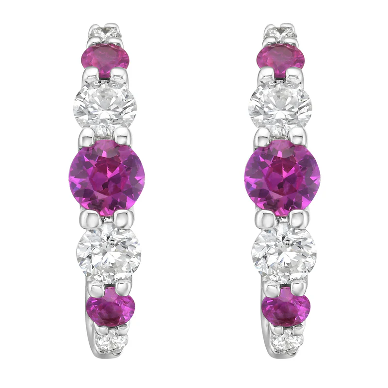 0.64ct Round Pink Sapphire and 0.41ct Diamond Huggie Hoop Earrings in 14K White Gold