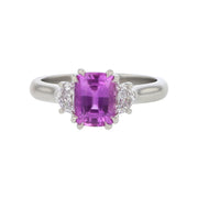 1.64ct Cushion Pink Sapphire and 0.38ct Shield Diamonds Three Stone Ring in Platinum, Size 6