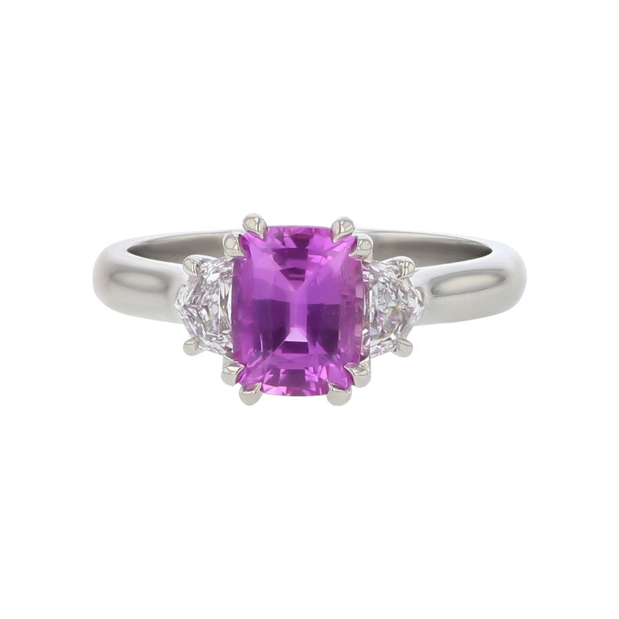 1.64ct Cushion Pink Sapphire and 0.38ct Shield Diamonds Three Stone Ring in Platinum, Size 6