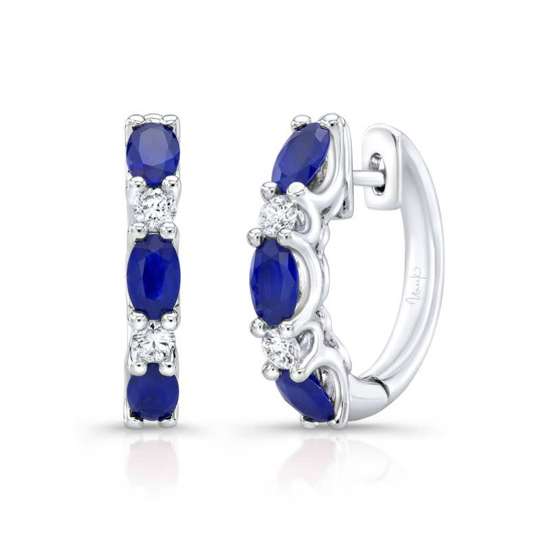 Round Diamond and Oval Blue Sapphire Huggie Hoop Earrings in 18K White Gold