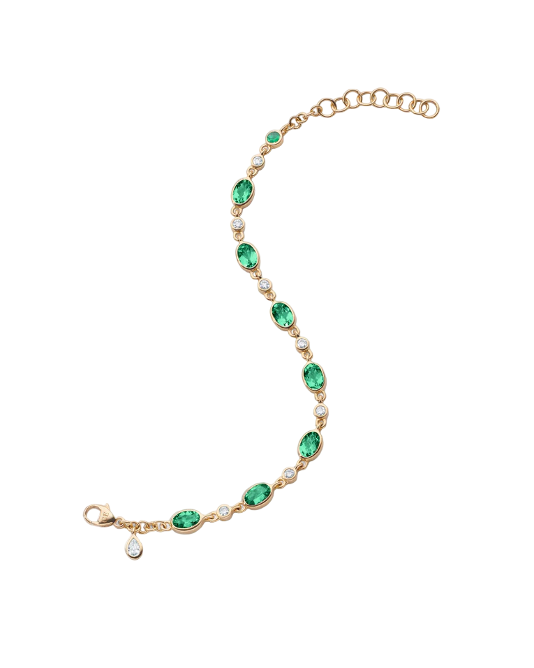 The Tennis Bracelet 2.69ct Oval Green Tourmaline 0.38ct Diamond and 0.10ct Emerald in 18K Yellow Gold, 7"