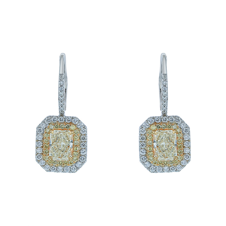 2.10ct Light Yellow Radiant Diamond, 0.22ct Yellow Diamond and 0.64ct Diamond Drop Halo Earrings in 18K Yellow and White Gold
