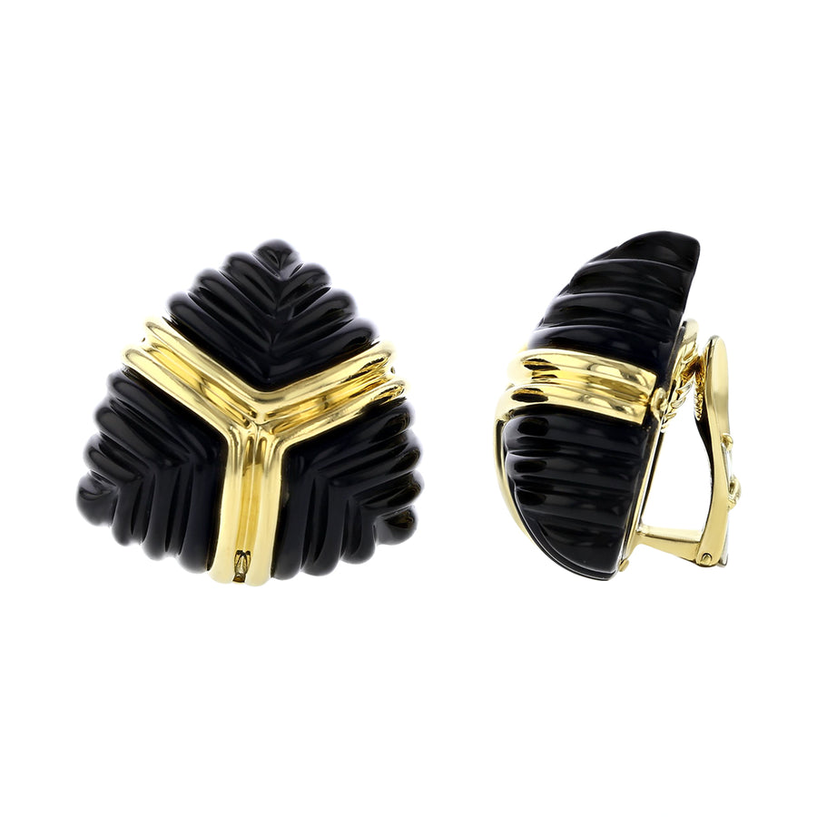 Triangular Black Onyx Clip Back Earrings in 18K Yellow Gold