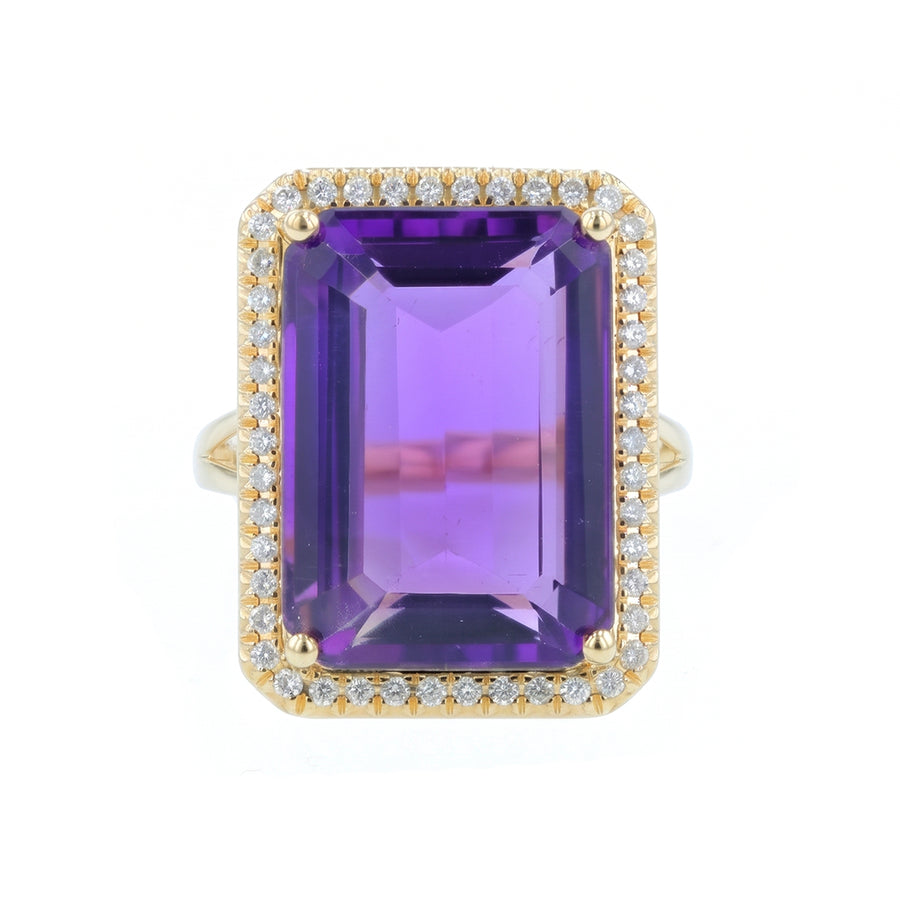 14.83ct Emerald Cut Amethyst and 0.25ct Diamond Halo Ring in 14K Yellow Gold, size 7