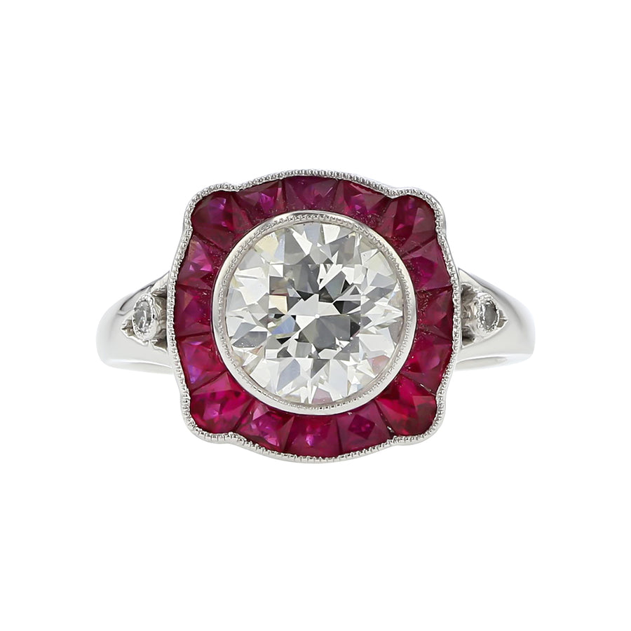 2.03ct Old European Cut Diamond, 1.12ct Ruby  and 0.04ct Diamond Halo Ring in Platinum
