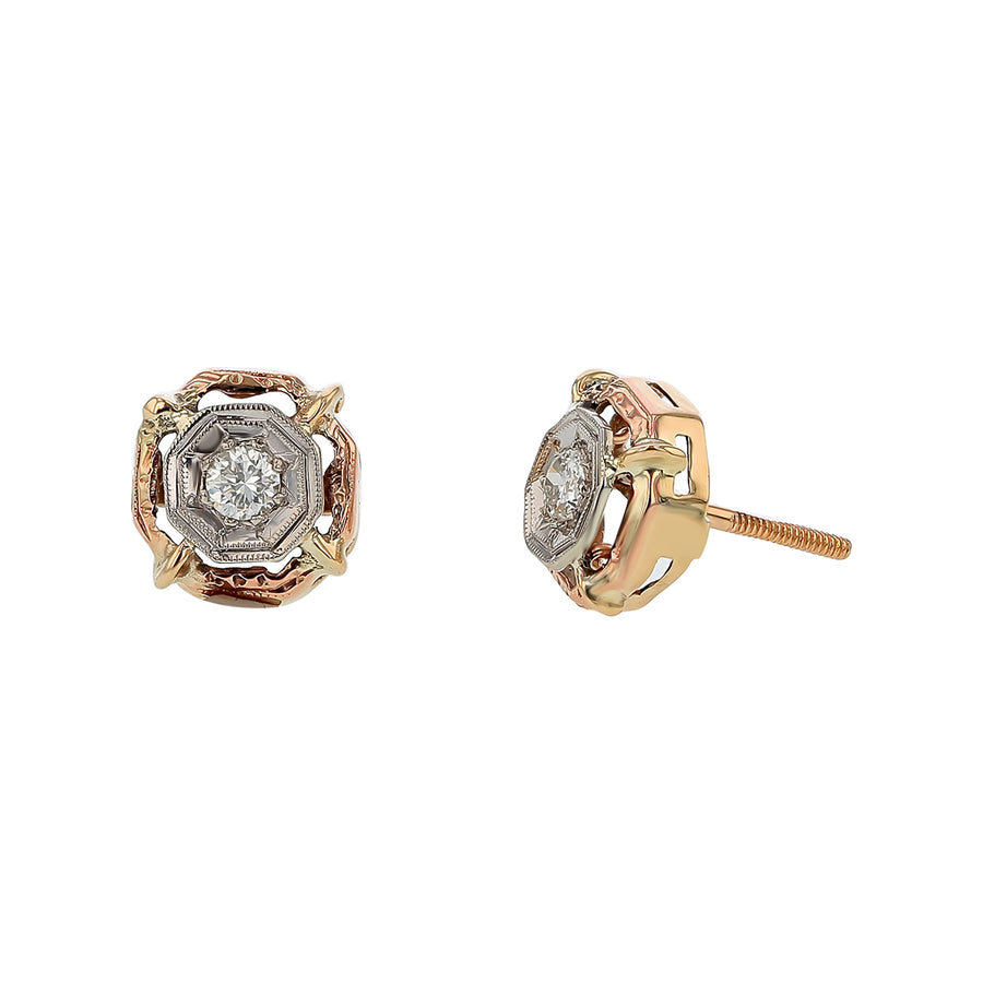 0.24ct Diamond Art Deco Stud Earrings in 14K White and Yellow Gold