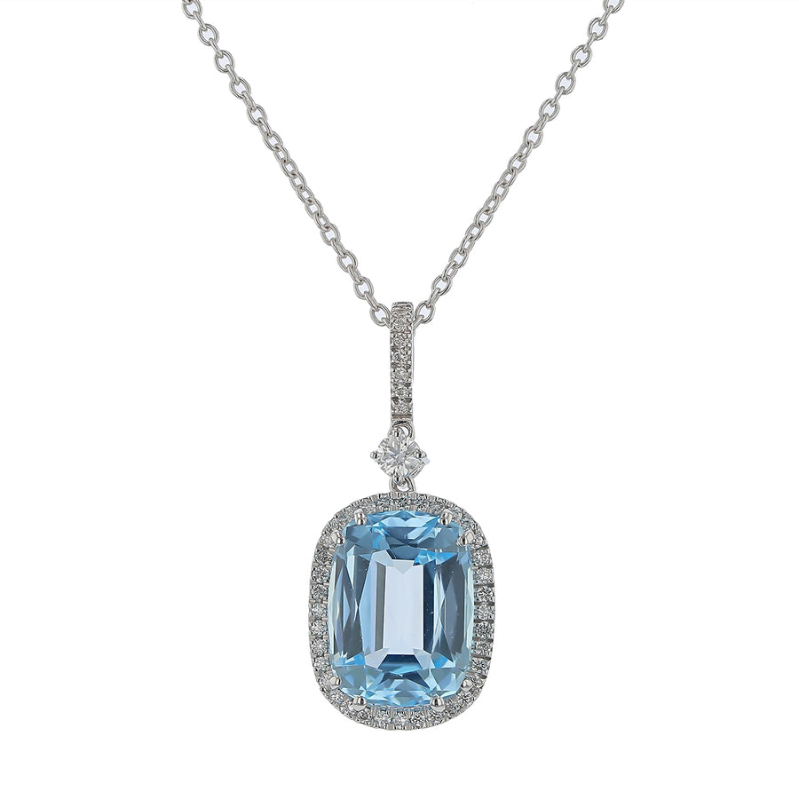 5.76ct Blue Topaz and 0.23ct Diamond Halo Pendant on Chain in 18K White Gold, 18in
