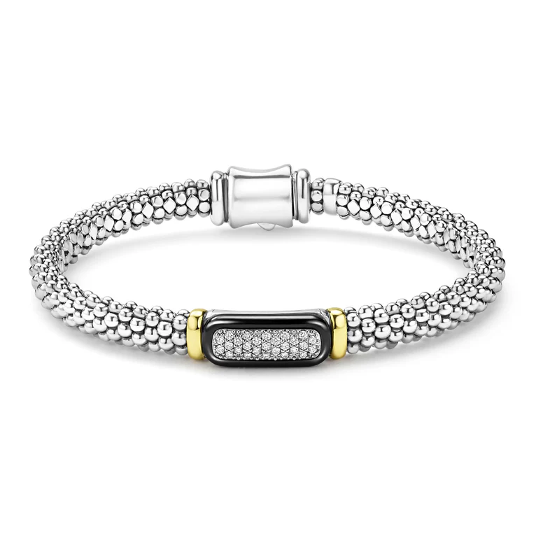Black Caviar 0.16ct Diamond Pave 6mm Rope Bracelet in Sterling Silver, 18K Yellow Gold and Ceramic, size 6.5