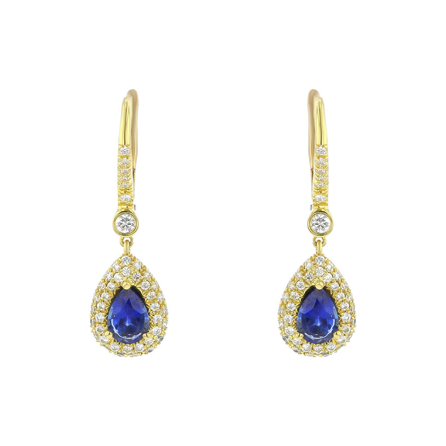 1.31ct Pear Sapphire and 0.55ct Diamond Halo Dangle Earrings in 18K Yellow Gold