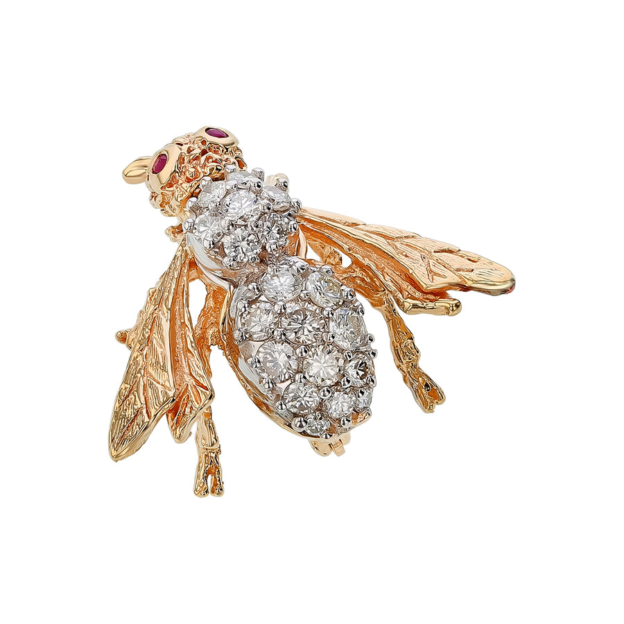 1.60ct Diamond and Ruby Bee Pin in 18K Yellow Gold