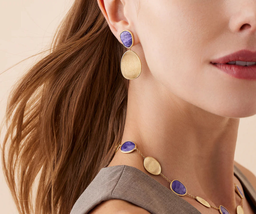 Lunaria Charoite Double Drop Earrings in 18K Yellow Gold