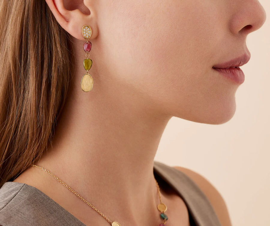 Lunaria 0.16ct Diamond and Multi Color Tourmaline Drop Earrings in 18K Yellow Gold