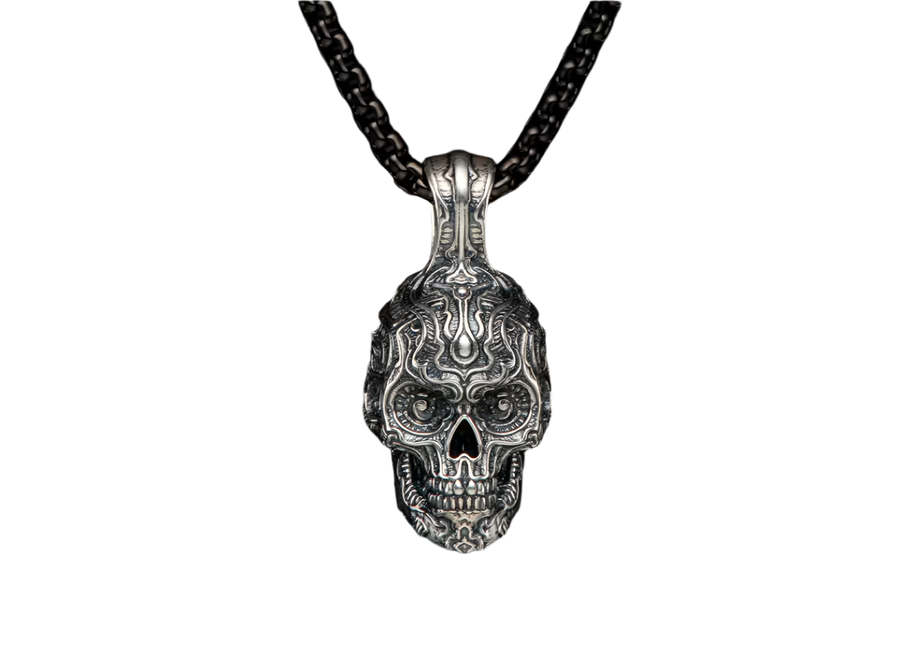 Cristobal Skull Pendant in Sterling Silver and Black PVD Bronze, 22" chain
