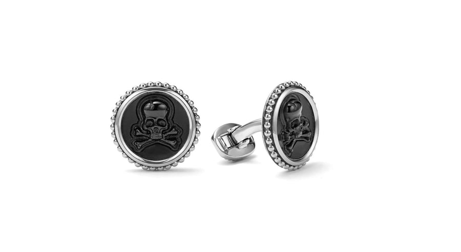 Anthem Black Agate Skull Cufflinks in Sterling Silver