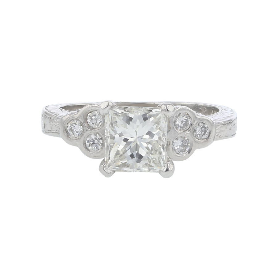 1.53ct Princess Cut Diamond and 0.33ct Diamond Engraved Ring in Platinum, size 6