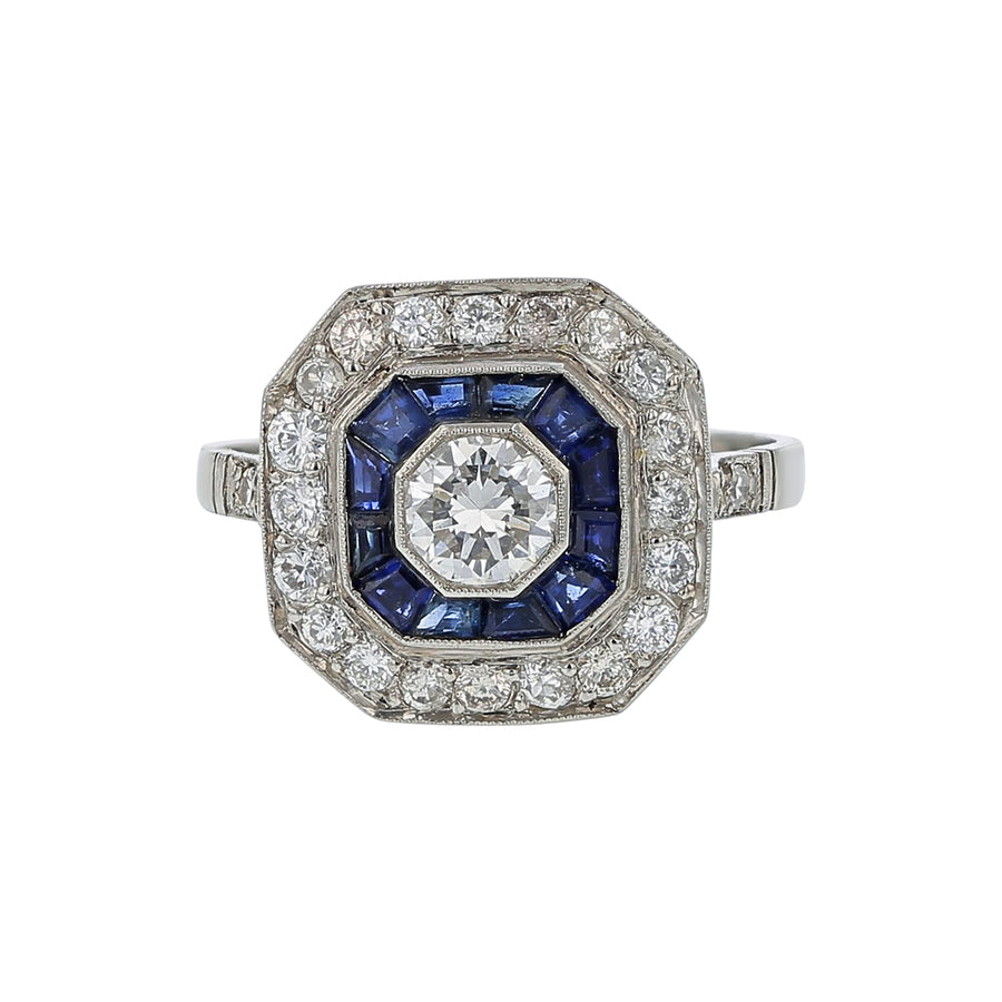 0.90ct Sapphire and 1.18ct Diamond Halo Ring in 18K White Gold, size 6.75