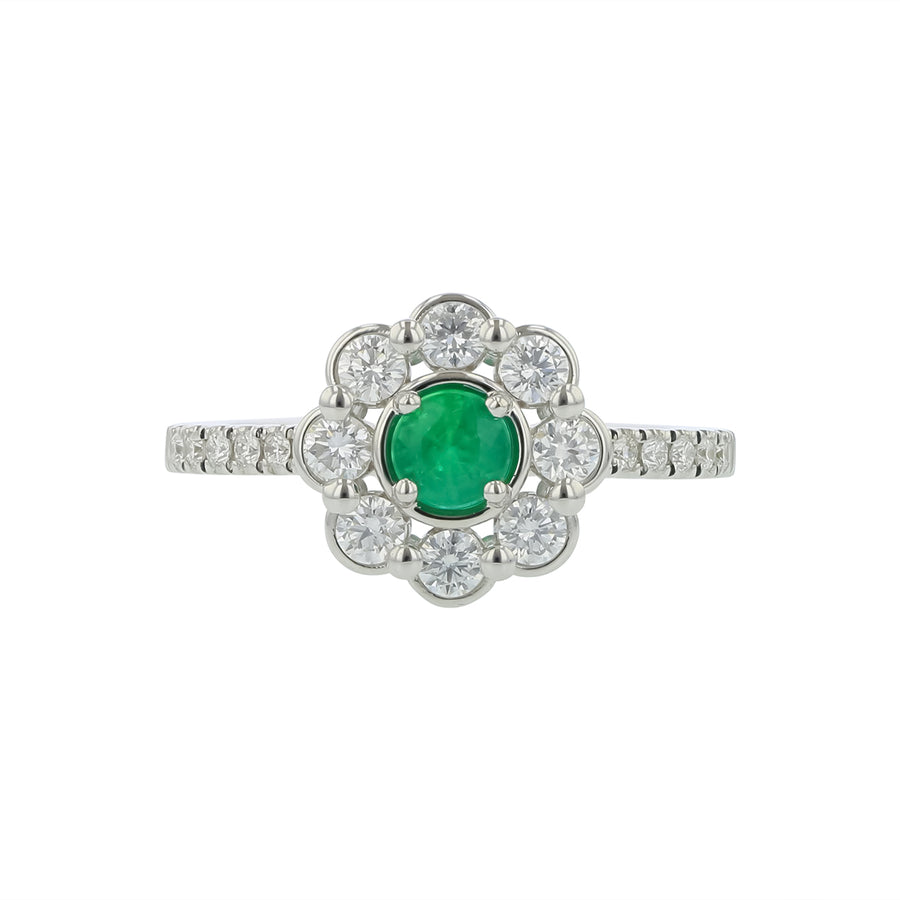 0.26ct Round Emerald and 0.50ct Diamond Halo Ring in 14K White Gold