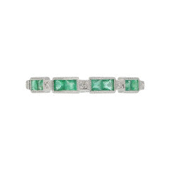 0.30ct Princess Cut Emerald and 0.12ct Diamond Milgrain Edge Ring in 14K White Gold, Size 6.5