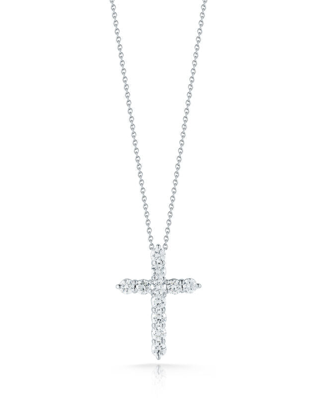Small Cross Diamond Pendant in 18K White Gold, 18in