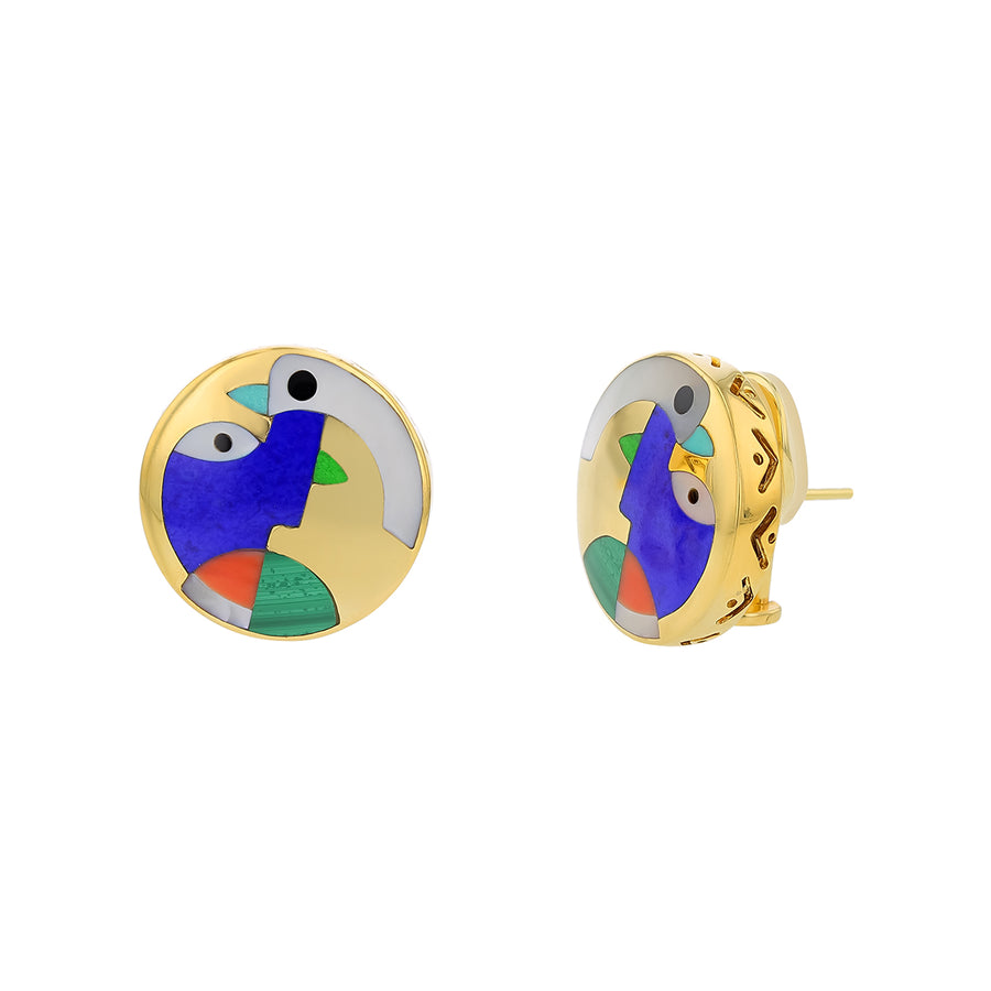 Asch Grosbardt Picasso Multi Stone Inlay 10.7mm Round Earrings in 14K Yellow Gold with Pierced Omega Backs