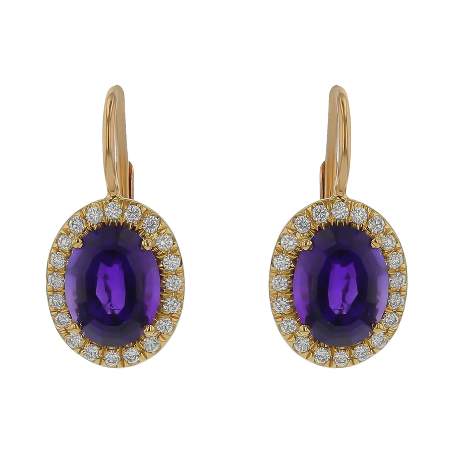 Amethyst and Diamond Halo Drop Earrings in 18K Yellow Gold