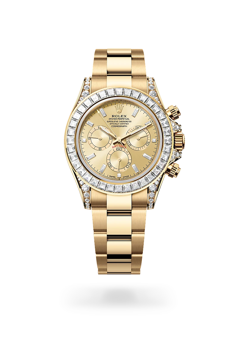 rolex Cosmograph Daytona in 18 kt yellow gold with lugs set with diamonds, M126598TBR-0001 - Schiffman's Jewelers