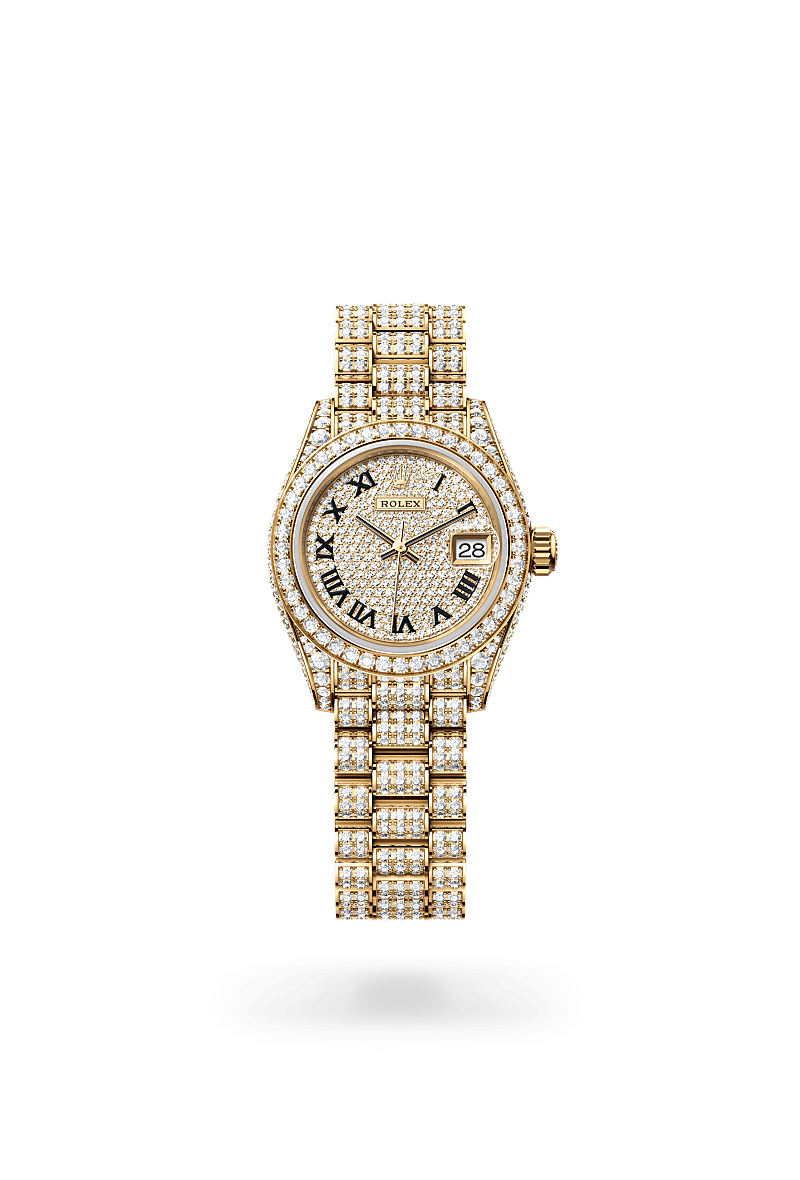 rolex Lady-Datejust in 18 kt yellow gold with case sides and lugs set with diamonds,  - Schiffman's Jewelers