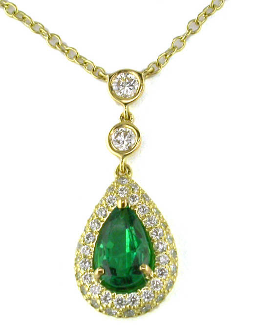 Pear Shaped Emerald and Diamond Teardrop Halo Pendant in 18K Yellow Gold, 16in