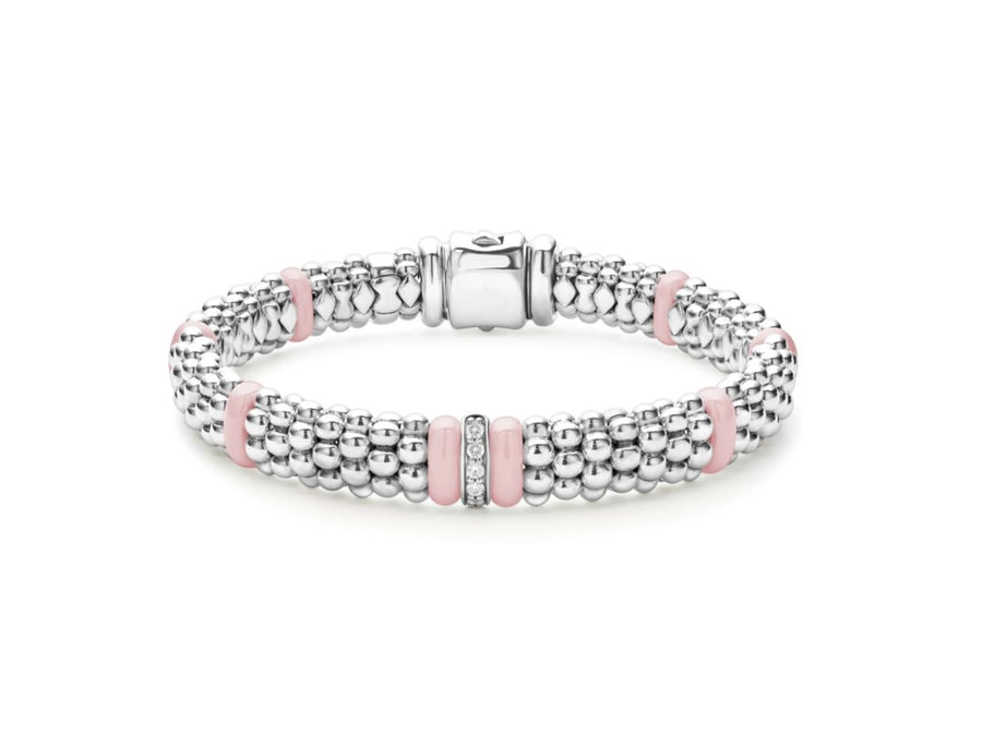 Pink Caviar 0.10ct Diamond Beaded Rope Bracelet in Sterling Silver and Ceramic Size 7