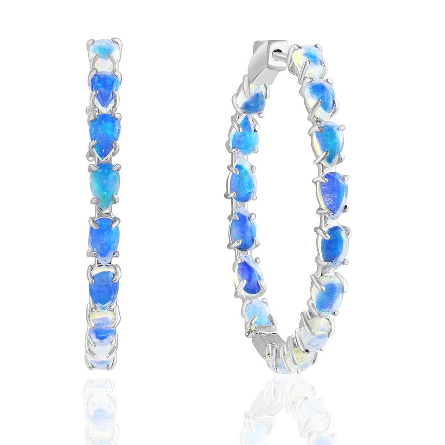 4.60ct Pear Shape Opal Hoop Earrings in 14K White Gold