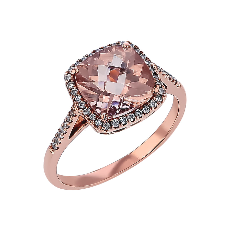 Checkerboard Cushion Morganite and 0.46 Diamond Halo Ring in 14K Rose Gold, size 8