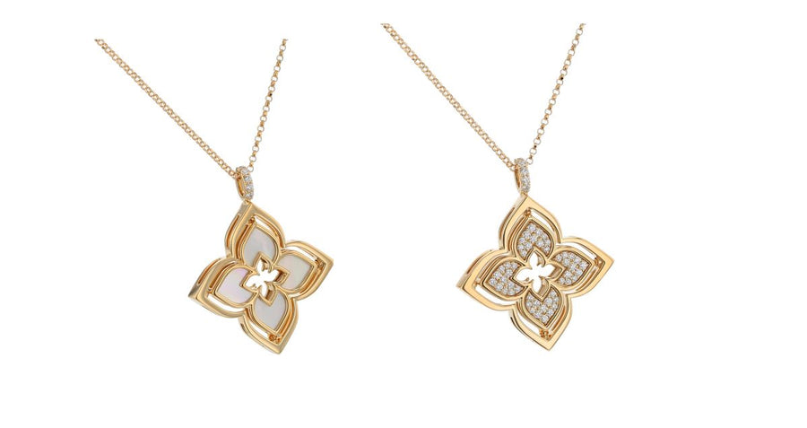 Venetian Princess 0.35ct Diamond Mother of Pearl Pirouette Pendant in 18K Yellow Gold, on 17" chain