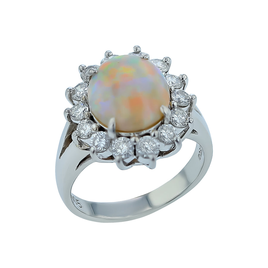2.12ct Australian Opal and 1.05ct Diamond Halo Ring in Platinum, size 6.25