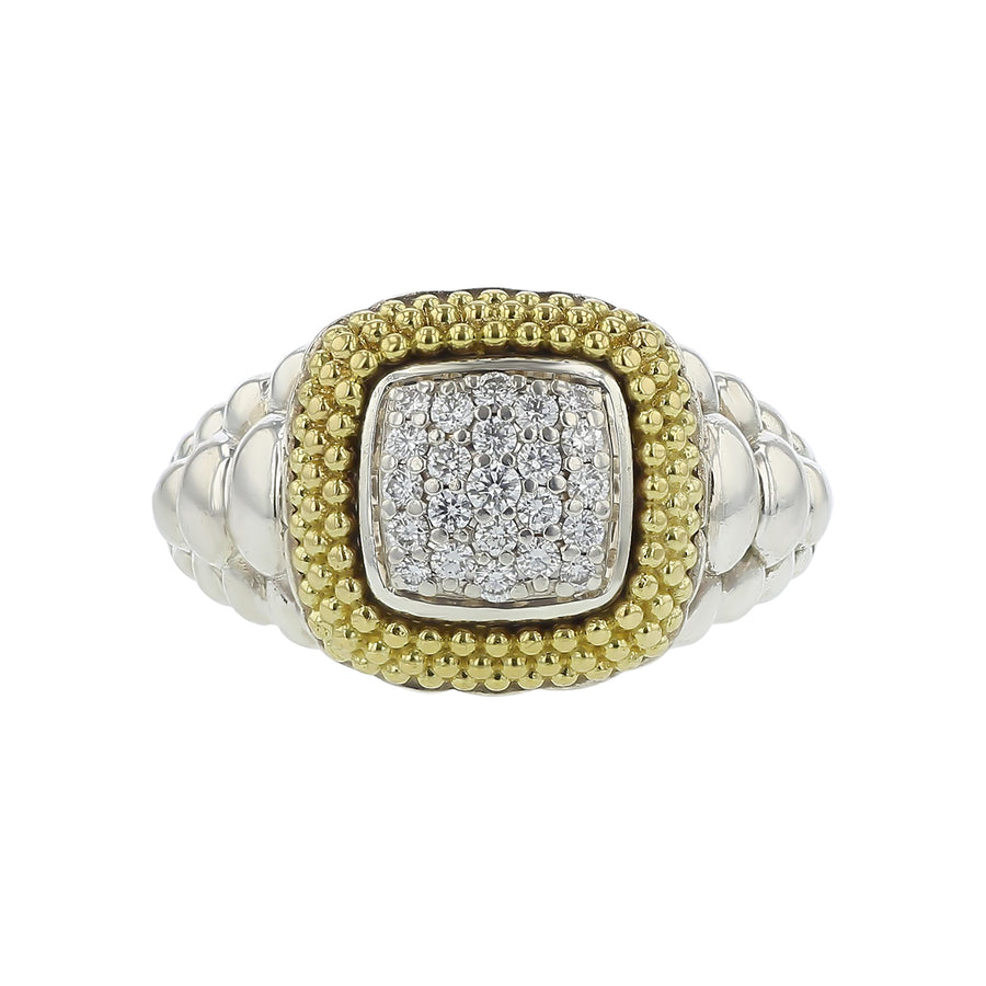 Lagos Caviar Diamond Ring in Sterling Silver and 18K Yellow Gold, Size 7