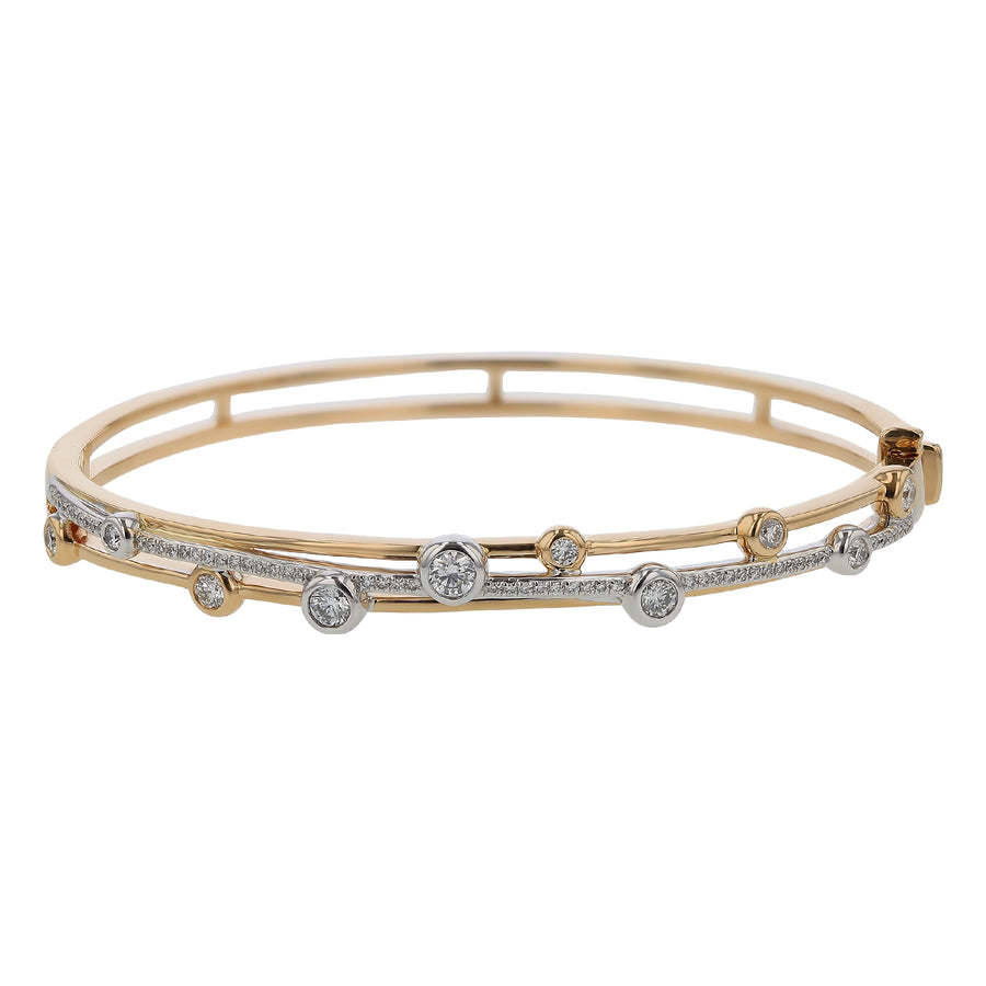 0.85ct Diamond Prong and Bezel Set Bangle Bracelet in 14K Yellow and White Gold, 6.5"