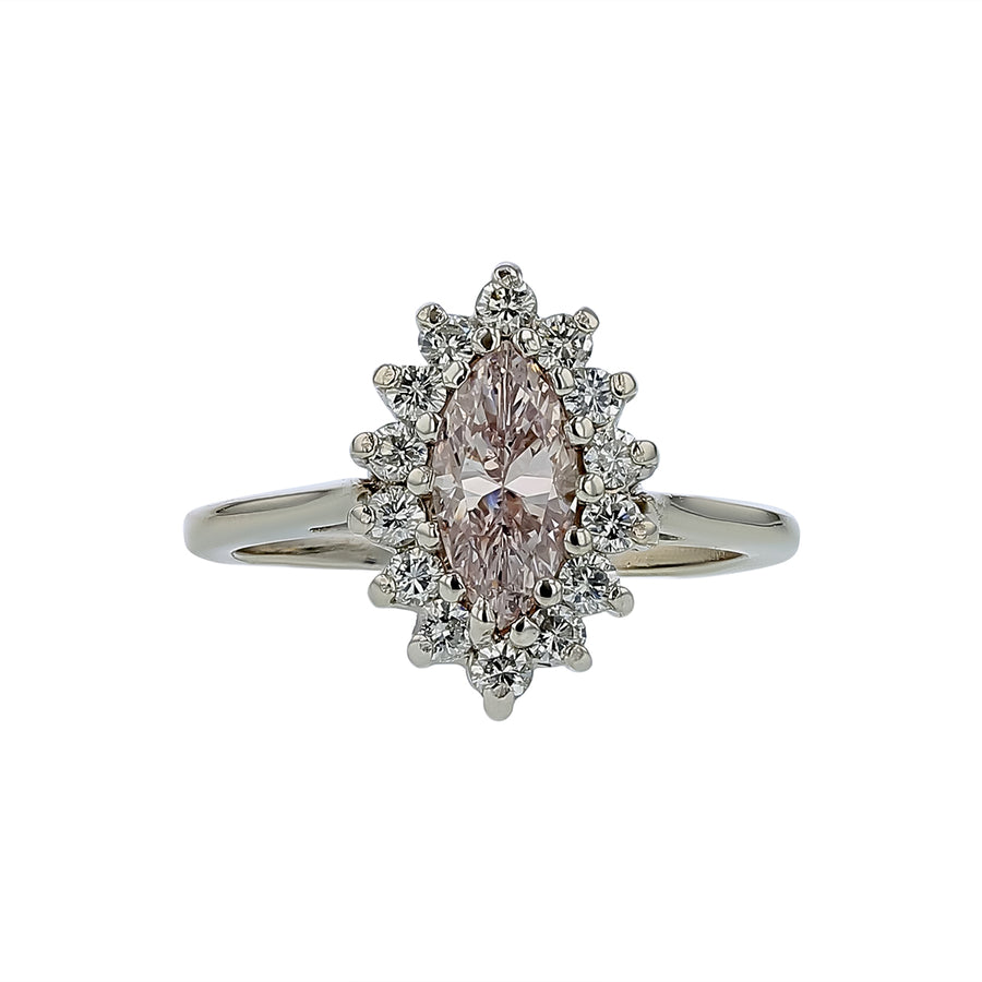 0.82ct Marquise Very Light Pink Diamond and 0.49ct Diamond Halo Ring in Platinum, size 5.25