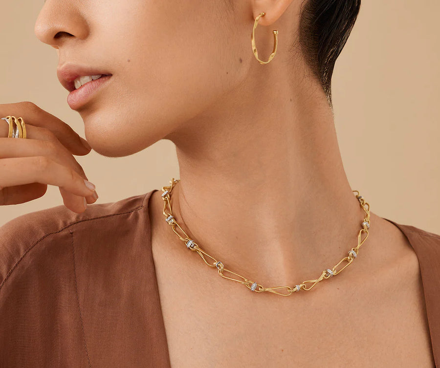 18K Yellow Gold Twisted Coil Link Necklace With Diamonds