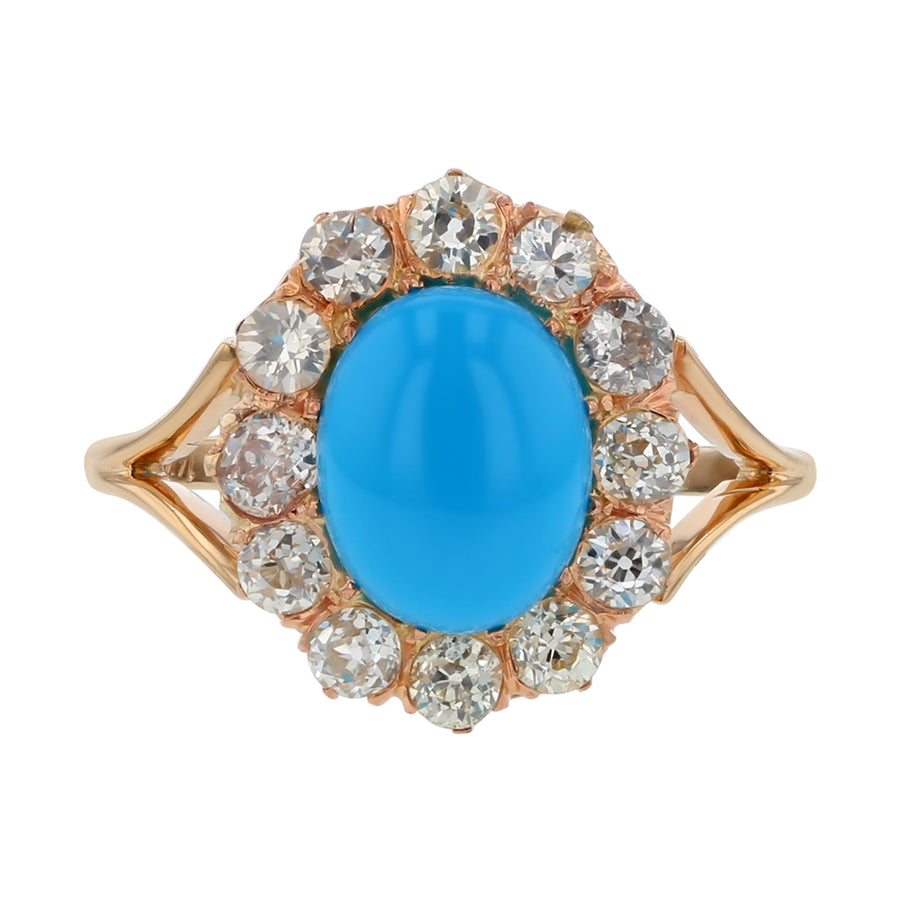 2.75ct Cabochon Turquoise and 1.85ct Round Diamond Halo Ring 14k Yellow Gold, Size 7.50